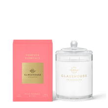 Glasshouse Fragrance-Candle 380g-FOREVER FLORENCE-Rosies Gifts Mosgiel.  Triple Scented Soy Candle. Made with natural lead-free cotton wicks and the highest quality non-toxic soy blend wax for a burn that is pure and intensely fragrant. No Parabens. No Silicones. No PEGs.