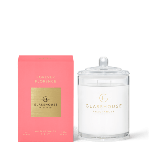 Glasshouse Fragrance-Candle 380g-FOREVER FLORENCE-Rosies Gifts Mosgiel.  Triple Scented Soy Candle. Made with natural lead-free cotton wicks and the highest quality non-toxic soy blend wax for a burn that is pure and intensely fragrant. No Parabens. No Silicones. No PEGs.