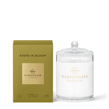 Glasshouse Fragrances Soy Candle 380g - KYOTO IN BLOOM, Rosies Gifts Mosgiel, Dunedin. CAMELLIA & LOTUS Sweet, ethereal, diaphanous, like lotus &cherry blossoms caught in a spring breeze. Fragrance: Top Notes: Fresh lime, Bergamot, Citrus  Middle Notes: Camellia and Lotus Base Notes: Amber, Sandalwood, Musk, Vanilla 