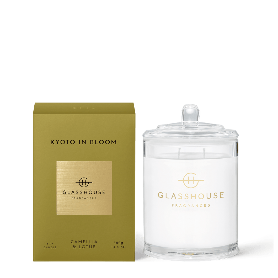 Glasshouse Fragrances Soy Candle 380g - KYOTO IN BLOOM, Rosies Gifts Mosgiel, Dunedin. CAMELLIA & LOTUS Sweet, ethereal, diaphanous, like lotus &cherry blossoms caught in a spring breeze. Fragrance: Top Notes: Fresh lime, Bergamot, Citrus  Middle Notes: Camellia and Lotus Base Notes: Amber, Sandalwood, Musk, Vanilla 