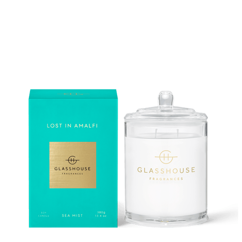 Glasshouse Fragrances Soy Candle 380g - LOST IN AMALFI SEA MIST Rosies Gifts, Mosgiel Dunedin. Impressions of crystal clear water and zesty Limoncello come from freesia, lime and moss. Top Notes: Freesia, Thyme and Tarragon  Middle Notes: Lavender and Moss Base Notes: Musk and Patchouli 