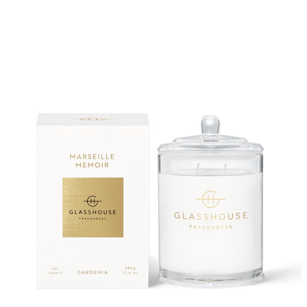 Glasshouse Fragrances Soy Candle, Rosies Gifts, Mosgiel, Dunedin. MARSEILLE MEMOIR - GARDENIA 380g Triple Scented Soy Candle A transcendent everyday luxury, it creates instant ambience. Neroli, gardenia and breezy apple blossom will have you thinking of the Cote d’Azur.