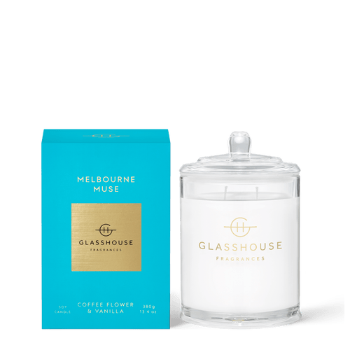 Glasshouse Fragrances Soy Candle 380g -MELBOURNE MUSE, Rosies Gifts Mosgiel, Dunedin COFFEE FLOWER & VANILLA It’s all sweet vanilla, coffee flowers and lush orange blossoms.