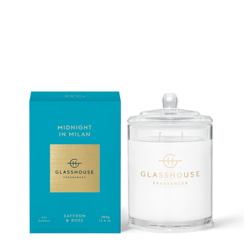 Glasshouse Fragrances Soy Candle 380g -MIDNIGHT IN MILAN, SAFFRON & ROSE Rosies Gifts, Mosgiel Dunedin. Sensual rose, buttery saffron and something you can’t put your finger on - striking moss. Top Notes: Saffron  Middle Notes: Rose Base Notes: Moss, Dry Amber, Musk 