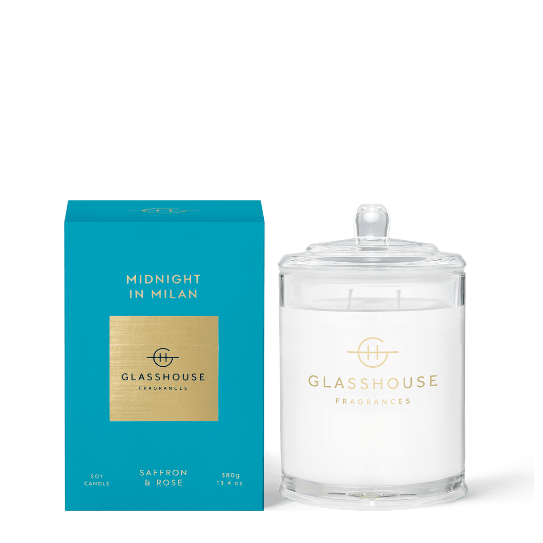 Glasshouse Fragrances Soy Candle 380g -MIDNIGHT IN MILAN, SAFFRON & ROSE Rosies Gifts, Mosgiel Dunedin. Sensual rose, buttery saffron and something you can’t put your finger on - striking moss. Top Notes: Saffron  Middle Notes: Rose Base Notes: Moss, Dry Amber, Musk 