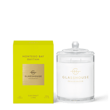 Glasshouse Fragrances Soy Candle 380g - MONTEGO BAY RHYTHM, Rosies Mosgiel, Dunedin COCONUT & LIME Sweet ‘n’ sour, it’s a mouth-watering blend of zesty lime, coconut & boozy vanilla. Fragrance: Top Notes: Lime & Lemon  Middle Notes: Vanilla & Amber Base Notes: Coconut & Mandarin Oranges