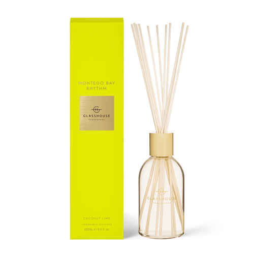 Glasshouse Fragrances Diffuser Montego Bay Rhythm - Rosie's Gifts Mosgiel. COCONUT & LIME. A clever flameless scent solution for uninterrupted ambience. Sweet ‘n’ sour, it’s a mouth-watering blend of zesty lime, coconut and boozy vanilla.