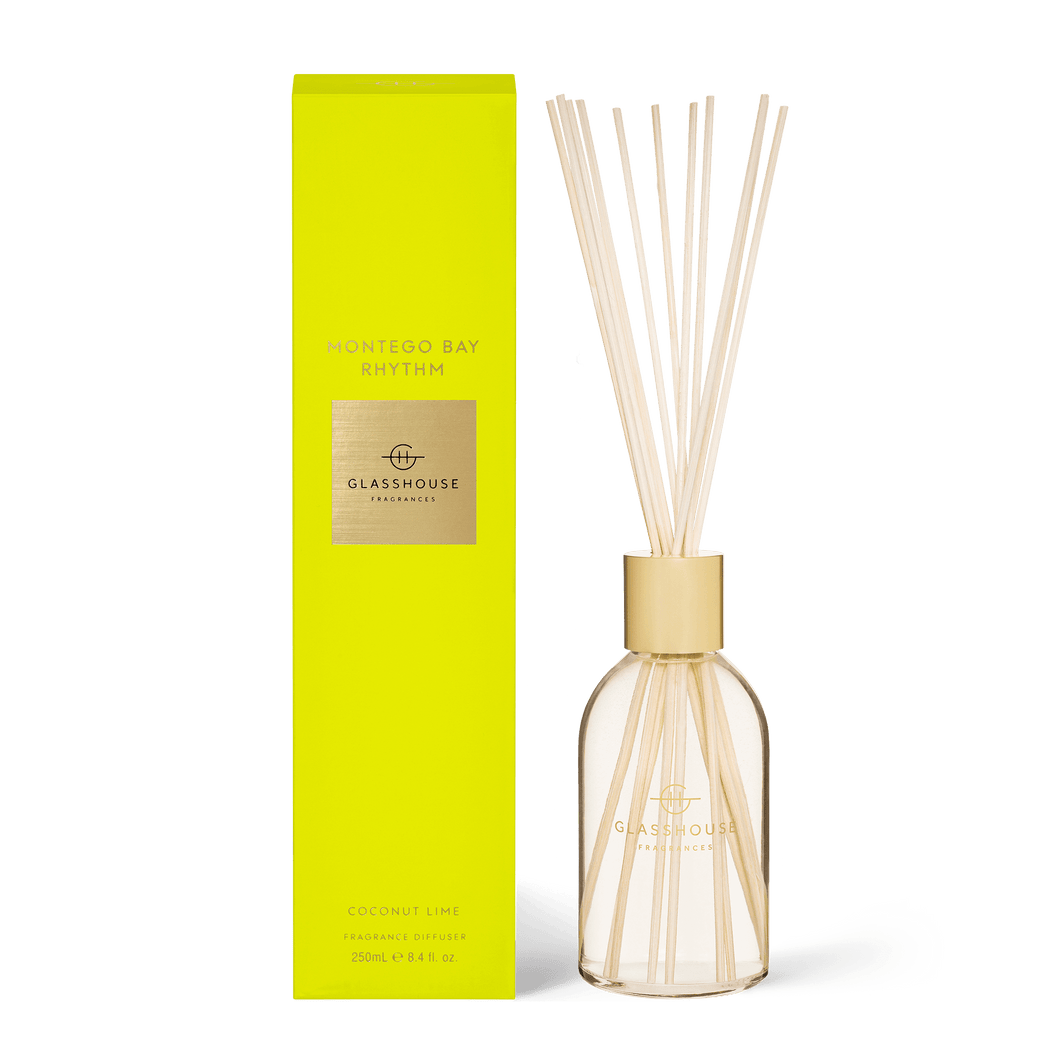 Glasshouse Fragrances Diffuser Montego Bay Rhythm - Rosie's Gifts Mosgiel COCONUT & LIME A clever flameless scent solution for uninterrupted ambience. Sweet ‘n’ sour, it’s a mouth-watering blend of zesty lime, coconut and boozy vanilla.