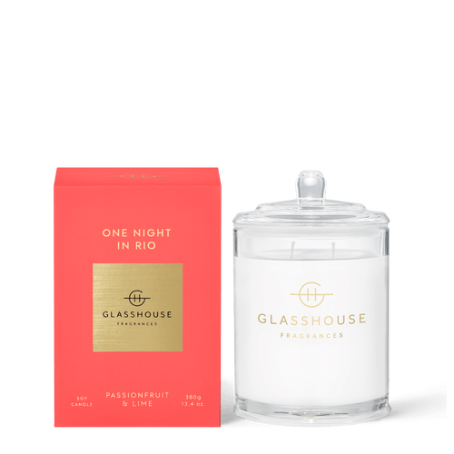 Glasshouse Fragrances Soy Candle 380g - ONE NIGHT IN RIO, PASSIONFRUIT & LIME Rosies Gifts Mosgiel, Dunedin. A transcendent everyday luxury, it creates instant ambience.  Top Notes: Passionfruit & Lime  Middle Notes: Raspberry & Orange Base Notes: Rose & Melon