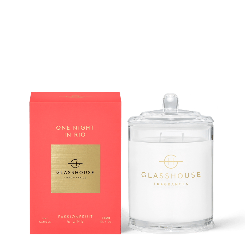 Glasshouse Fragrances Soy Candle 380g - ONE NIGHT IN RIO, PASSIONFRUIT & LIME Rosies Gifts Mosgiel, Dunedin. A transcendent everyday luxury, it creates instant ambience.  Top Notes: Passionfruit & Lime  Middle Notes: Raspberry & Orange Base Notes: Rose & Melon
