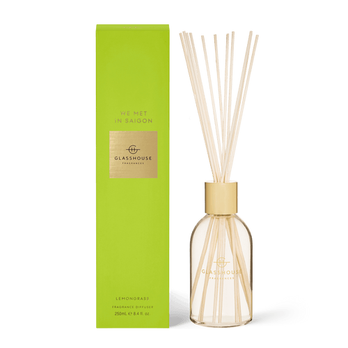 Glasshouse Fragrance, Rosies Mosgiel, Dunedin - We Met In Saigon LEMONGRASS 250mL Fragrance Diffuser Vibrant lemongrass, bergamot and orange conjure up visions of luminous city neons. Fragrance: Top Notes: Lemongrass, Orange, Lime  Middle Notes: Eucalyptus, Bergamot Base Notes: Sandalwood