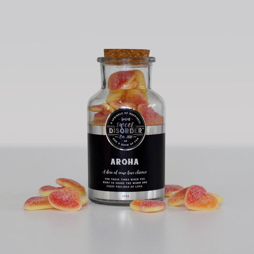 Aroha (Love) Sweets For those times when you want to share the warm and fuzzy feelings of love. Contains Sour Peach Heart Candy. Perfect gift for that special moment, Valentines Day or Birthday. Rosies Gifts & Homeware, Mosgiel, Dunedin