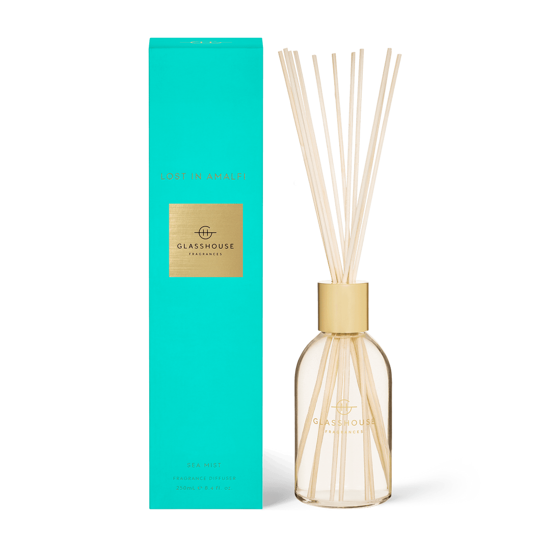 Glasshouse Fragrances - Lost in Amalfi, Rosies Mosgiel, Dunedin. SEA MIST 250mL Fragrance Diffuser Impressions of crystal clear water and zesty Limoncello come via freesia, lime and moss. Fragrance: Top Notes: Freesia, Thyme and Tarragon  Middle Notes: Lavender and Moss Base Notes: Musk and Patchouli 