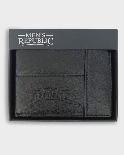 Men's Republic Leather Wallet - Black This Genuine Leather Wallet is a great gift for dad, husband, brother or friend. Rosies Gifts & Homeware, Mosgiel, Dunedin for wallets, bags and accessories.