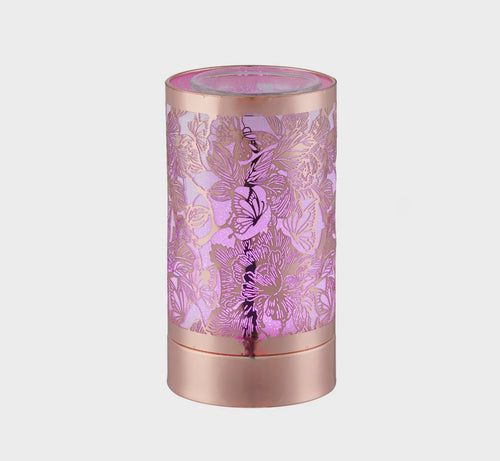 Butterfly and Roses - Rose Gold LED Warmer. 8 colour changes while melting our unique Scentchips in the glass dish on top, giving off a beautiful fragrance of your choice from our huge range. Rosies Gifts, Mosgiel, Dunedin for Mother's day, birthday, Christmas present ideas.