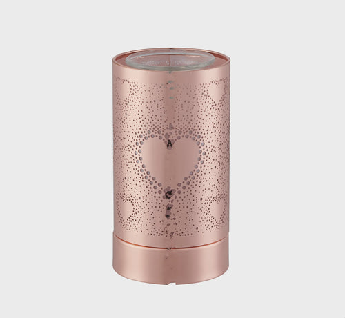 Rose Gold Heart LED Warmer. 8 colour changes while melting our unique Scentchips in the glass dish on top, giving off a beautiful fragrance of your choice from our huge range. Rosies Gifts, Mosgiel, Dunedin for Mother's day, birthday, Christmas present ideas.