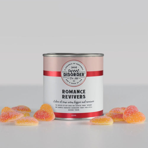 Romance Revivers Sweets in a can To spice-it-up and re-ignite that ‘spark’ or simply remind someone that you still adore them. Contains Sour Peach Heart Candy. Perfect gift for Valentines Day, Birthday or a special moment. Rosies Gifts, Mosgiel, Dunedin has something for you.