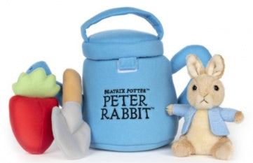 Peter Rabbit Garden Soft Toy Set This Peter Rabbit 4-Piece Garden Playset by Beatrix Potter features watering can with touch and close fastener, Peter Rabbit plush, radish plush that rattles and a shovel plush that crinkles. Baby and Children's clothing, toys, accessories at Rosies Gifts, Mosgiel, Dunedin.