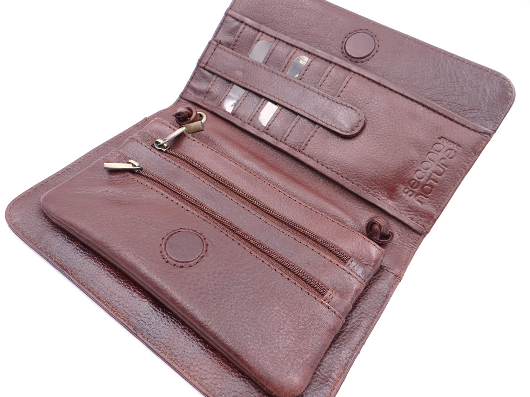 Soft Genuine Leather Small Multi Compartment Cross Body Bag Dome Flap Over Fastening Seven Secured Card Holder Slots Three Zip Coin Compartments Two Open Compartments. Rosies Gifts & Homeware, Mosgiel, Dunedin for your leather needs.