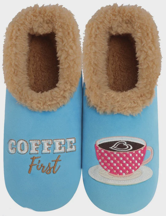 SLUMBIES-Coffee First Slumbies from Rosies Gifts and Homeware, Mosgiel, Dunedin.   Foot wear to make feet warm in cold weather. Light weight with non-slip soles. Designs for kids, women and men. Slumbies are luxurious treat for your feet in winter. Machine Washable, Non-slip sole.