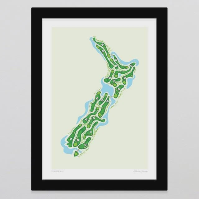 COURSE MAP A4 ART PRINT from Glenn Jones. High quality fine art print. The Perfect print for lovers of golf and New Zealand. Play the first 9 up and down the South Island then cross over the straight to finish the round. Rosies Gifts, Mosgiel, Dunedin