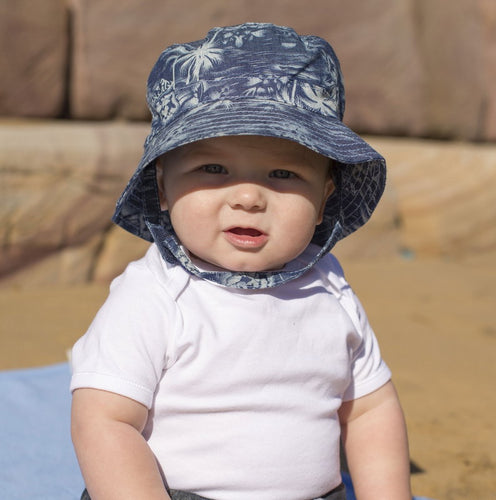 Children's Bucket Hat Size 49cm. Age 1-3 years. 100% Cotton with chin strap. Rosies Gifts & Homeware, Mosgiel, Dunedin for baby & children's clothing, sunhats and more.