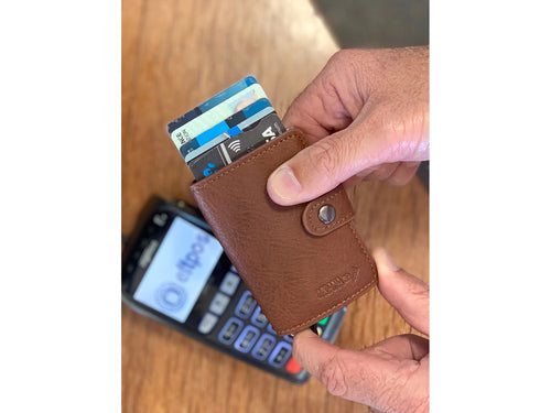 Faux leather wallet from Moana Rd. Automatic pop up card feature - pull your cards out at the touch of a button! Moana Rd products including man or men wallet / card holder. Rosies Gifts & Homeware, Mosgiel, Dunedin.